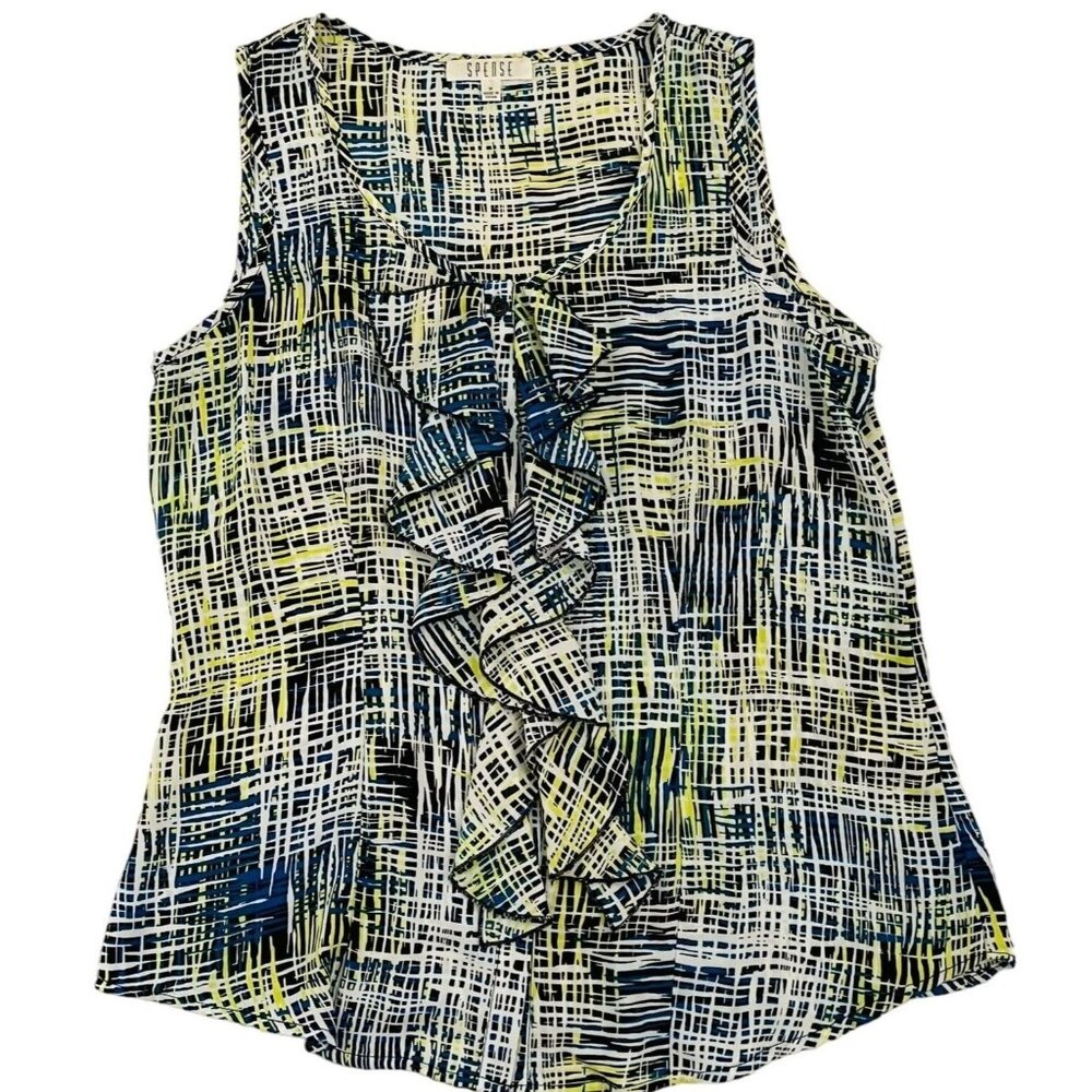 Spense Sleeveless Ruffle Blouse Womens Sz M LIghtweight in Abstract Print